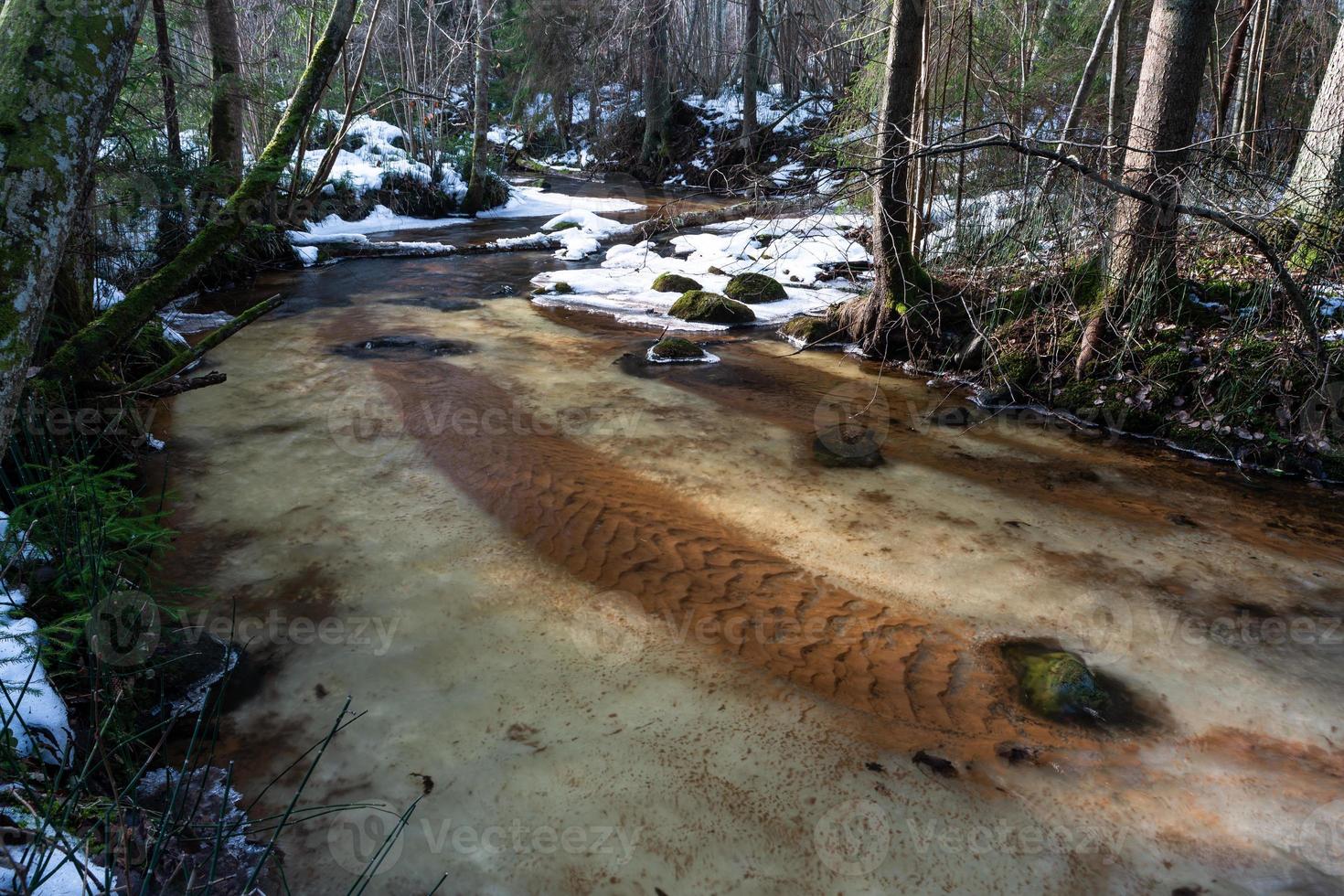 ein kleiner felsiger Waldfluss im Winter foto