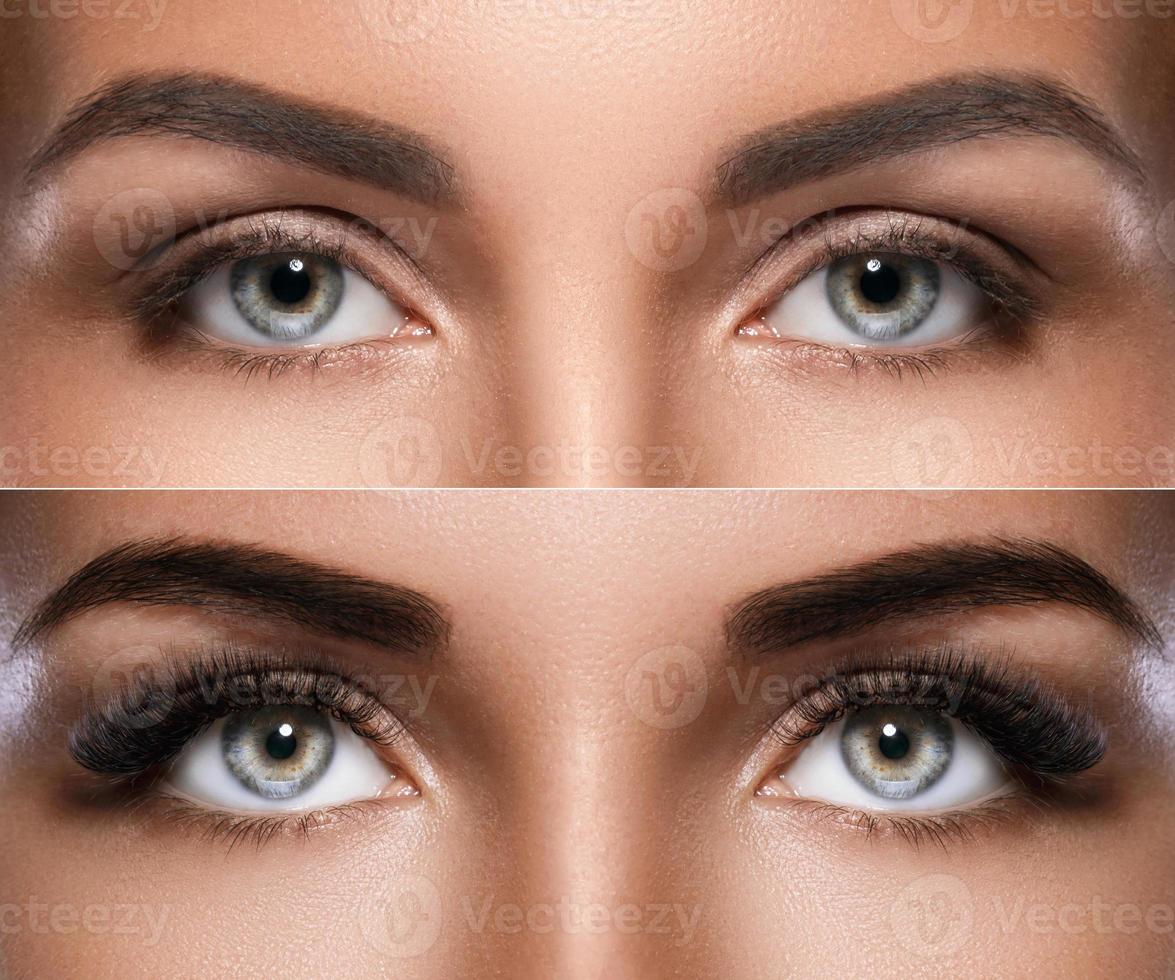 Augenbrauen-Microblading und Wimpernverlängerung. Unterschied zwischen den Augen nach dem Schminken. foto