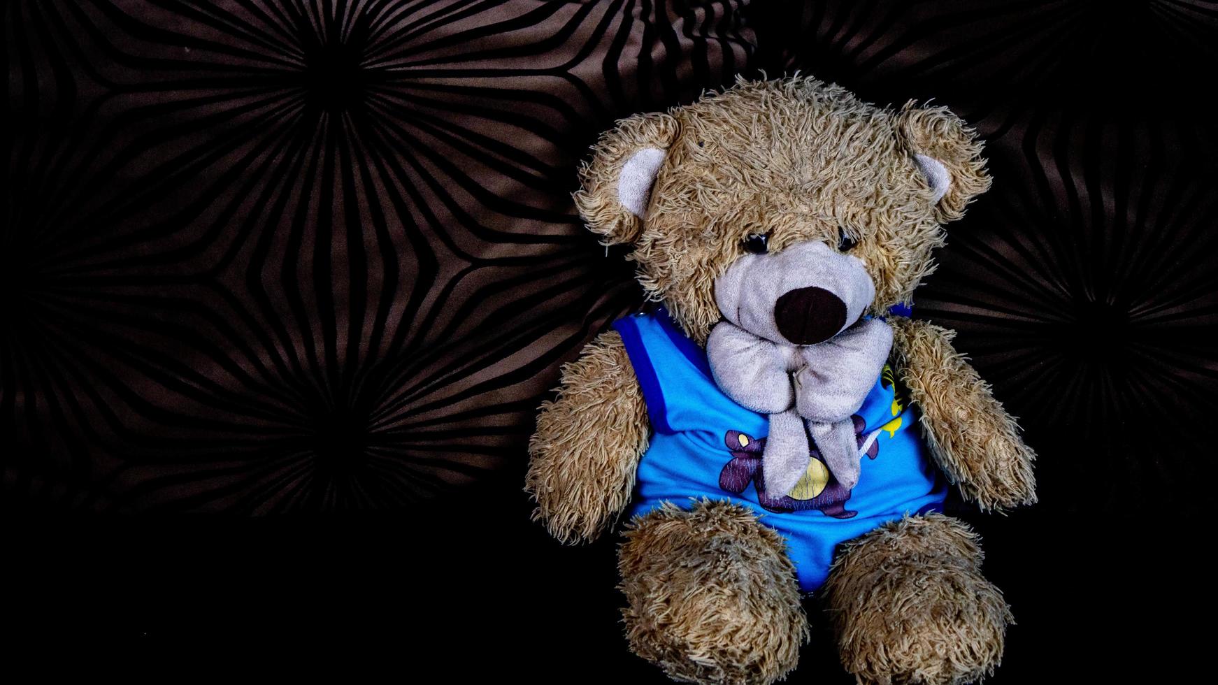 Teddybär in einem blauen T-Shirt auf einem schwarzen Sofa foto
