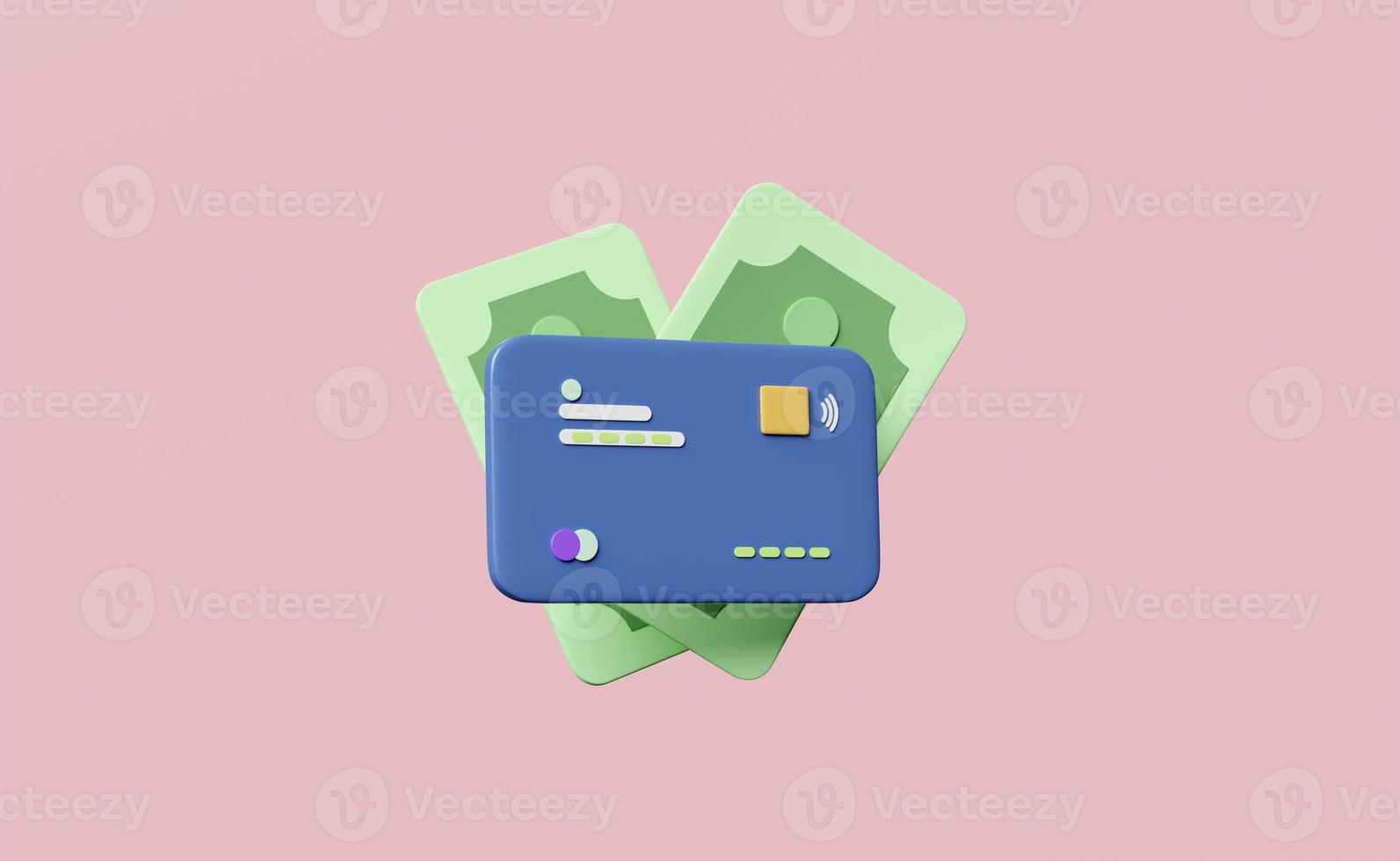 3D-Kreditkartensymbol mit Geldschein isoliert auf rosa Hintergrund. Online-Shopping, Geld sparen, Online-Zahlung, Unternehmensfinanzierung, bargeldloses Konzept, 3D-Darstellung foto