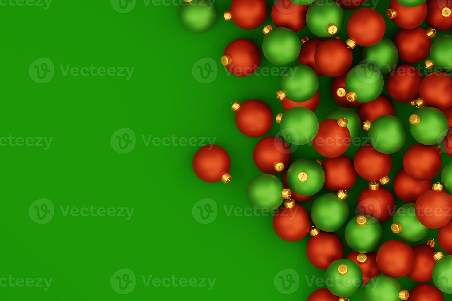 weihnachts- und neujahrsferienkonzept. Haufen von roten und grünen Weihnachtskugeln auf grünem Hintergrund. 3D-Darstellung kopieren foto