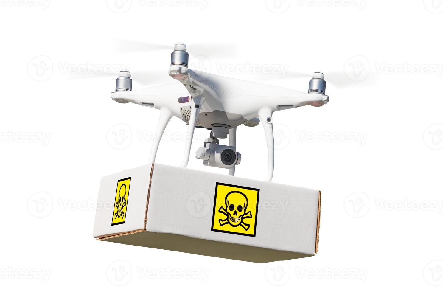 unbemanntes flugzeugsystem drohne tragepaket mit giftsymboletikett auf weiß. foto