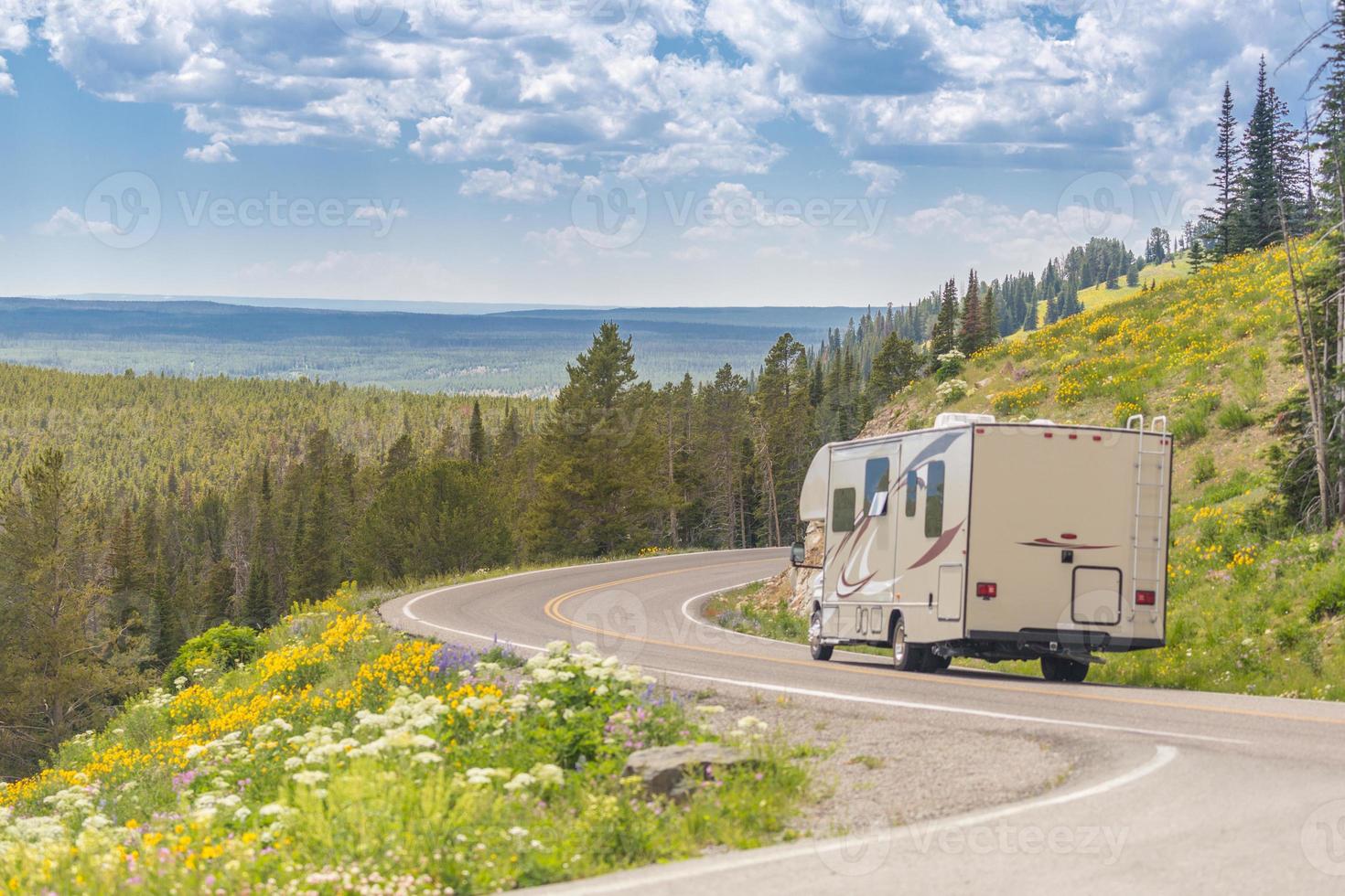 Camper, der die Straße in der wunderschönen Landschaft zwischen Pinien und Blumen hinunterfährt. foto