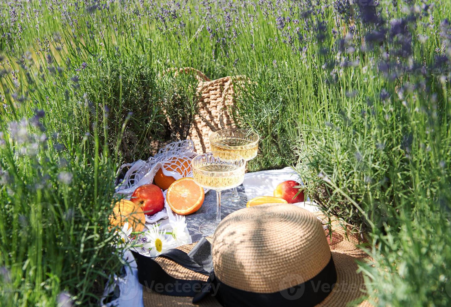 Sommerpicknick auf einem Lavendelfeld foto