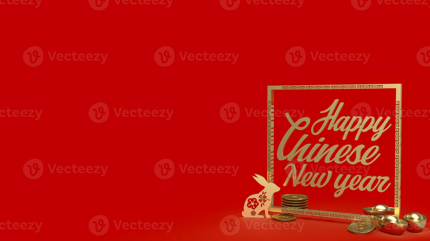 das Goldkaninchen und das chinesische Vintage-Geld auf rotem Hintergrund 3D-Rendering foto