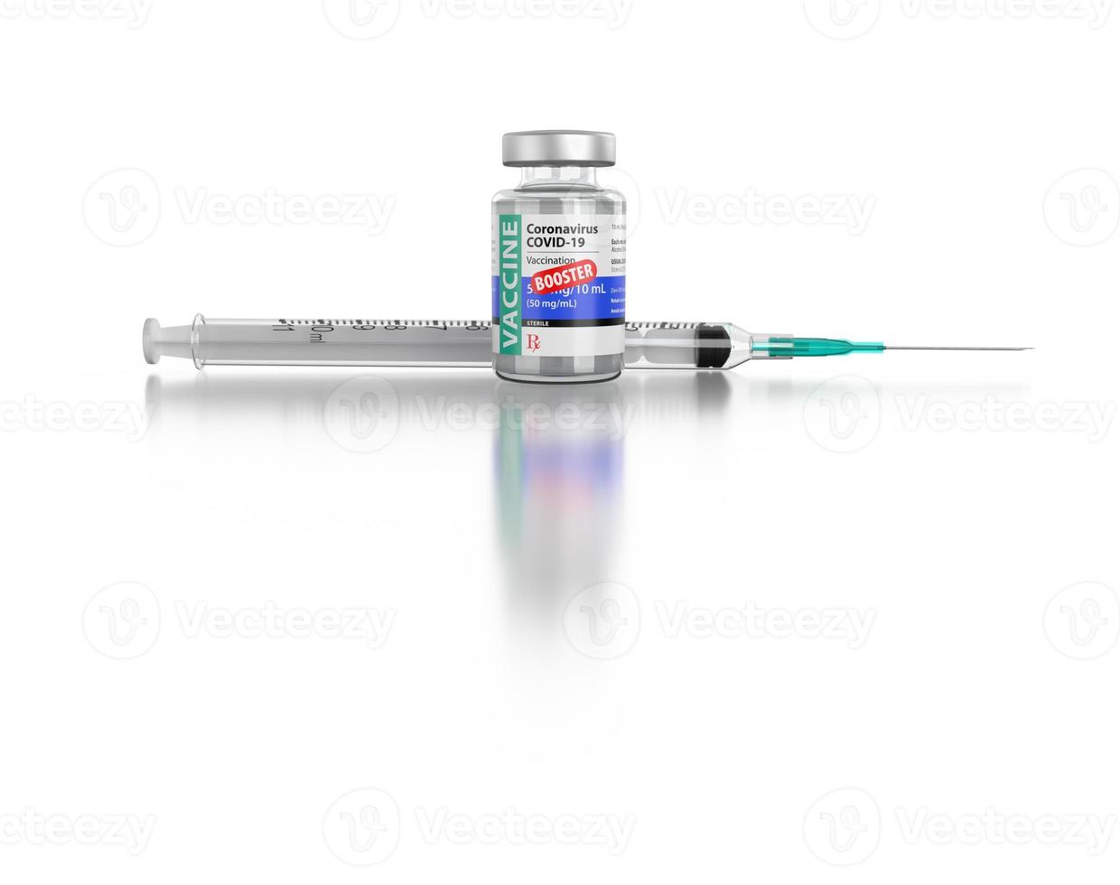 Coronavirus Covid-19-Impfstoff-Booster-Fläschchen und Spritze auf reflektierendem weißem Hintergrund. foto