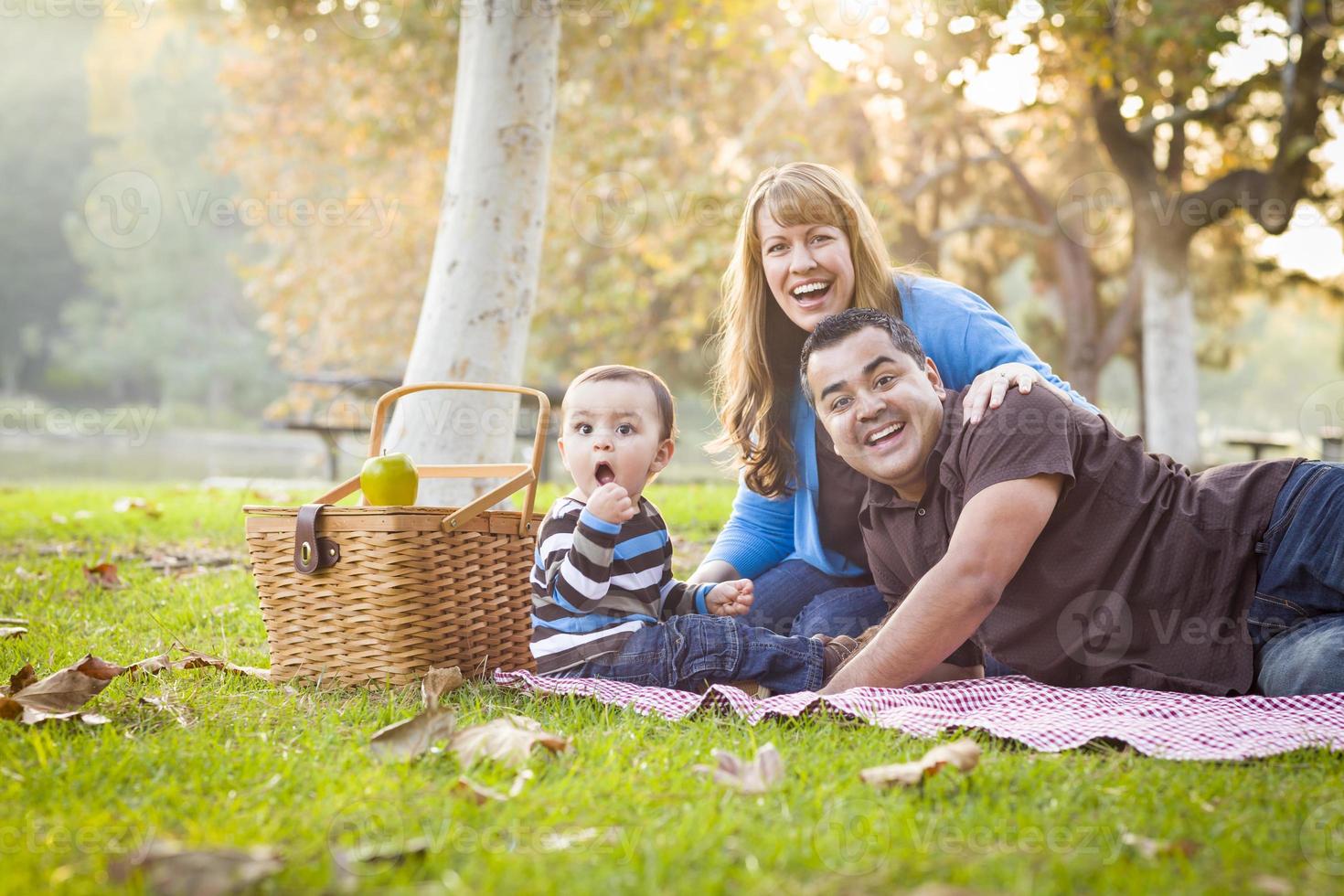 glückliche gemischtrassige ethnische familie, die ein picknick im park hat foto