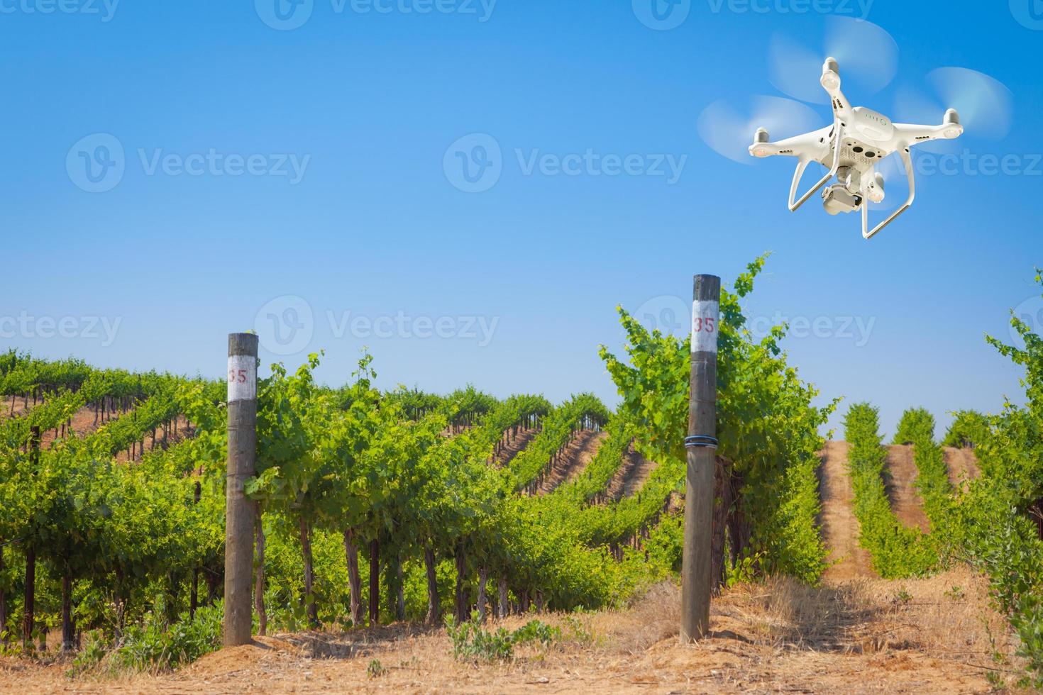 unbemanntes flugzeugsystem uav quadcopter drohne in der luft über traubenweingut foto