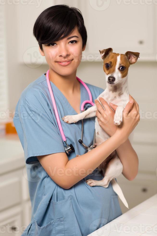 Lächelnder, attraktiver, gemischtrassiger Tierarzt oder Krankenschwester mit Welpen foto