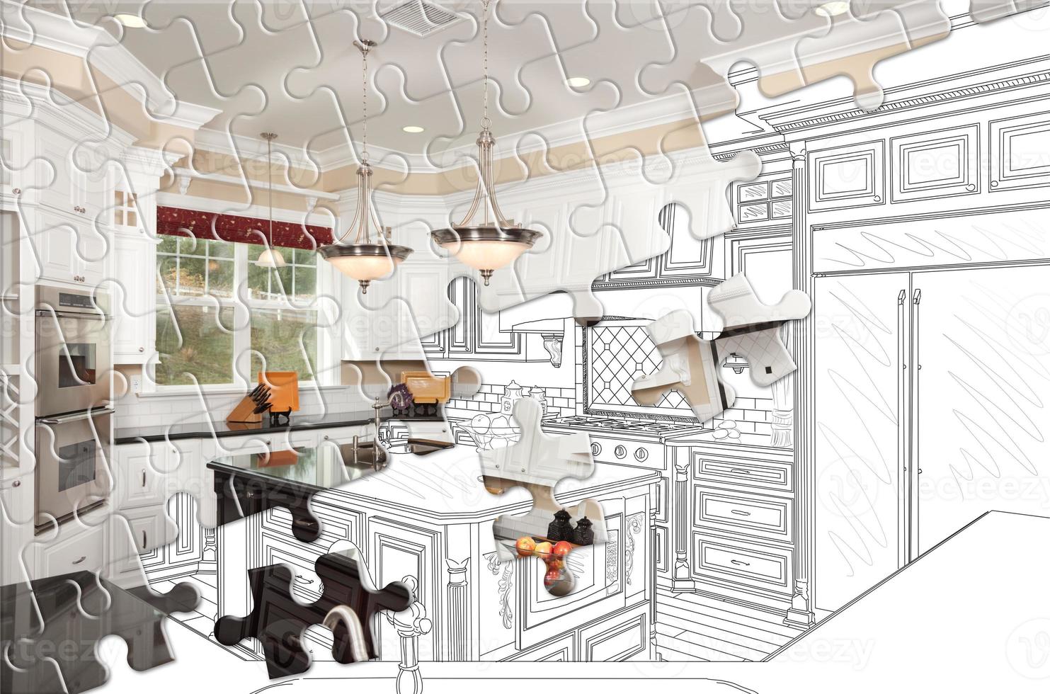Puzzleteile, die zusammenpassen, zeigen die fertige Küche, die über die Zeichnung gebaut wurde foto