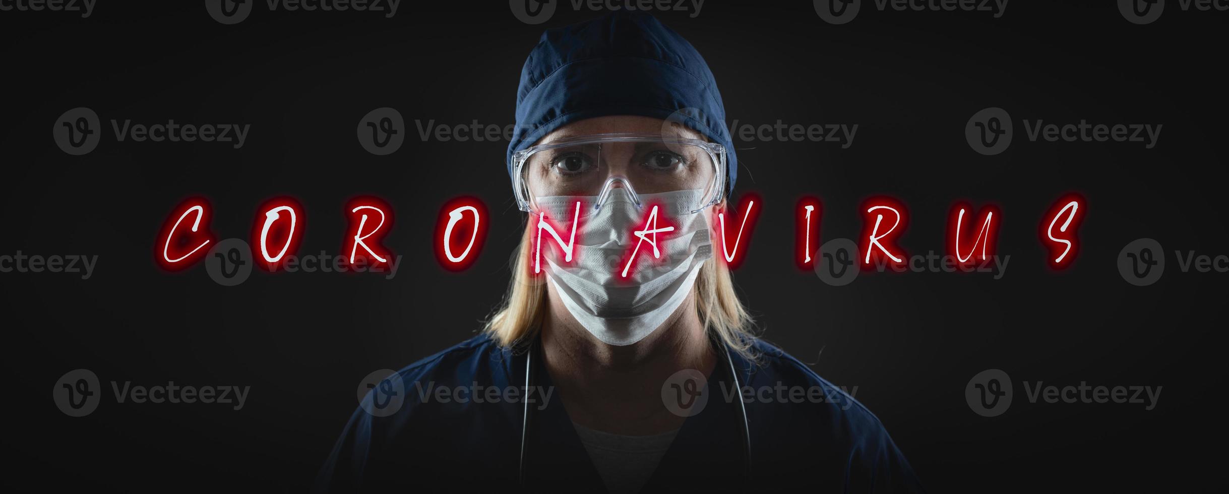 Banner der Ärztin oder Krankenschwester in medizinischer Gesichtsmaske und Schutzausrüstung mit Coronavirus-Text davor foto