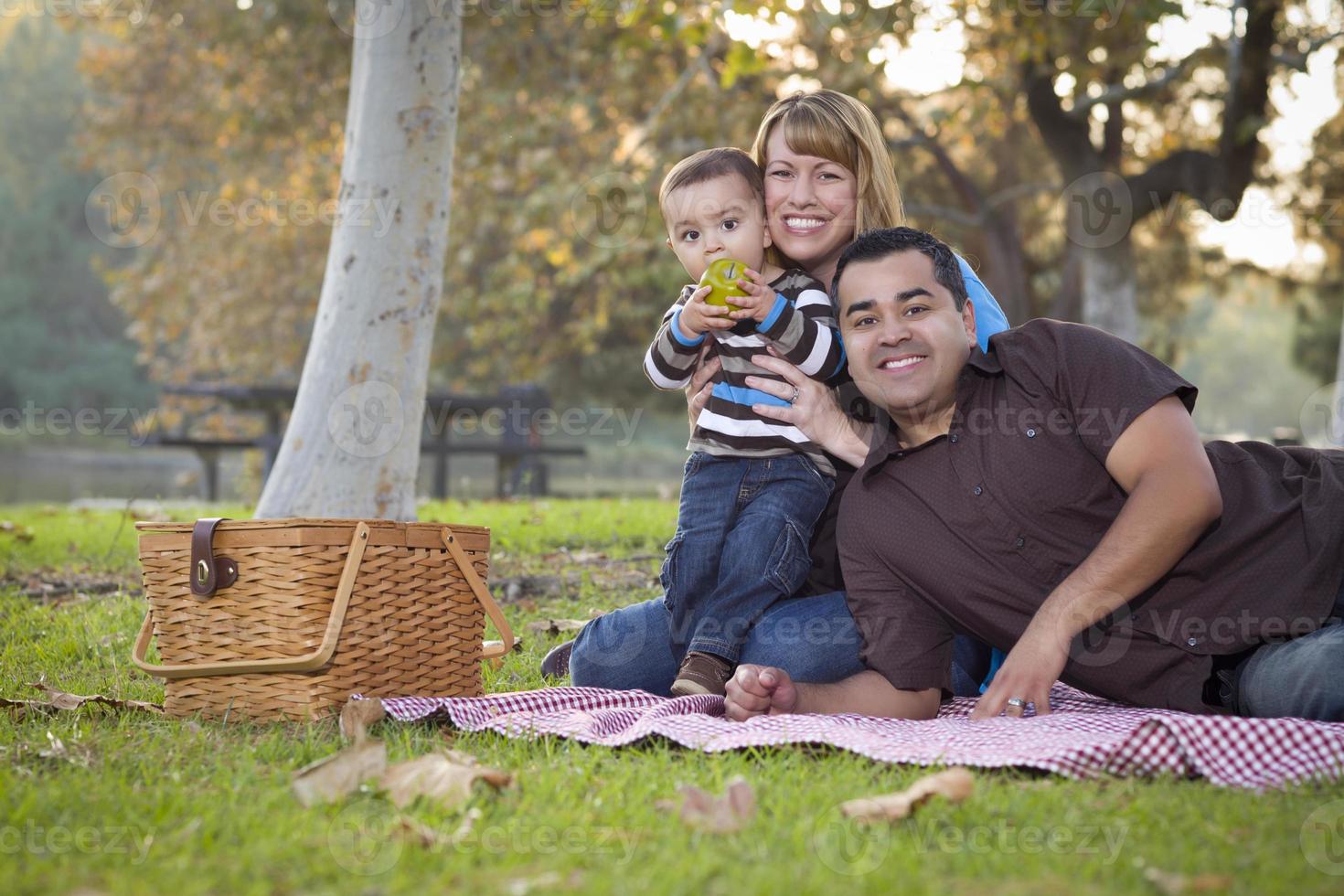 glückliche gemischtrassige ethnische familie, die ein picknick im park hat foto