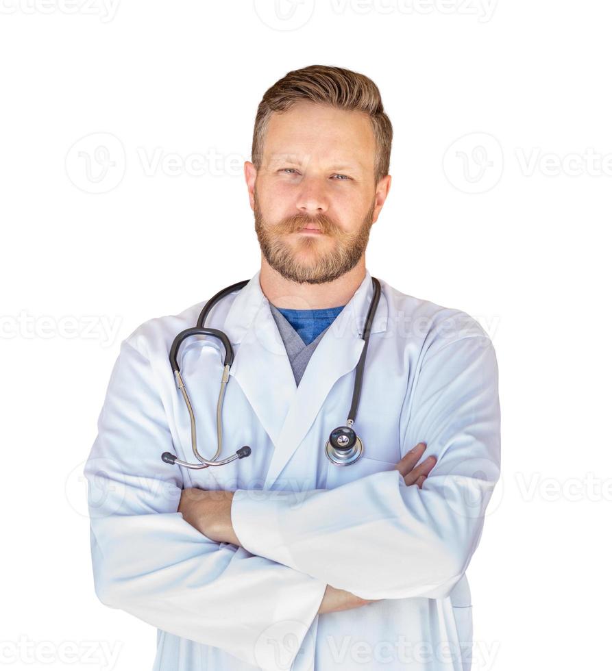 hübscher junger erwachsener männlicher Arzt mit Bart isoliert auf weißem Hintergrund foto