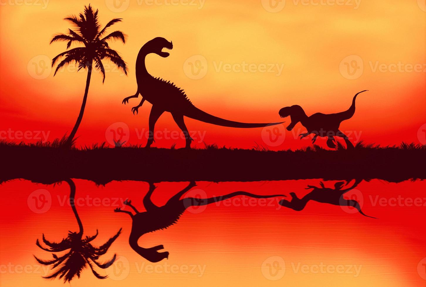 Junger Dinosaurier beißt einem Erwachsenen bei Sonnenuntergang in den Schwanz foto