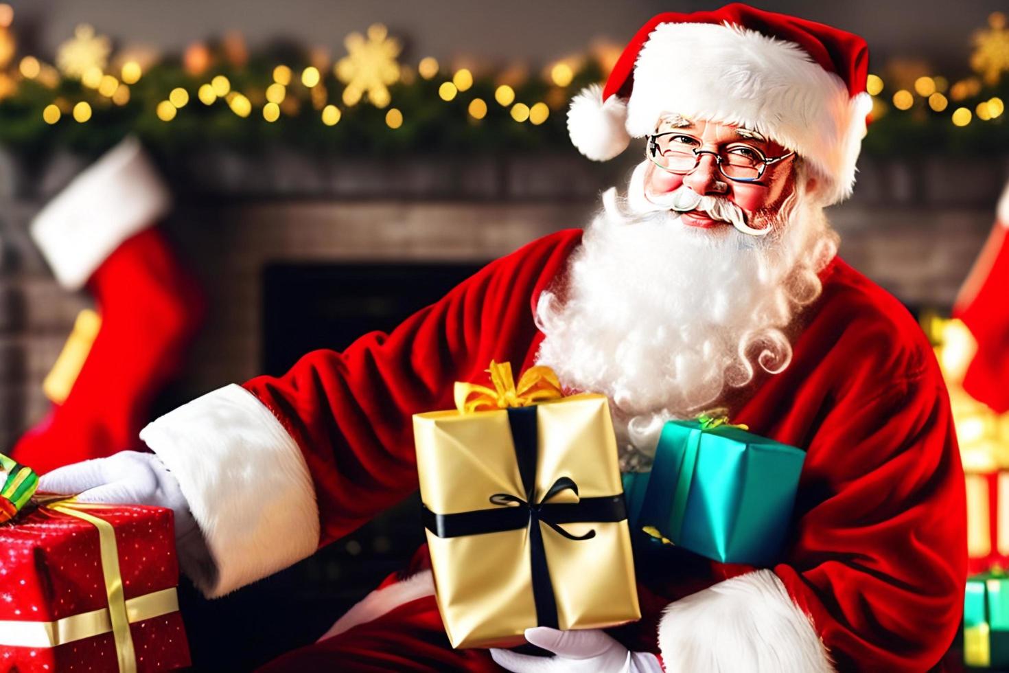 Der fröhliche Weihnachtsmann platziert Geschenkboxen. frohe weihnachten und schöne feiertage. foto