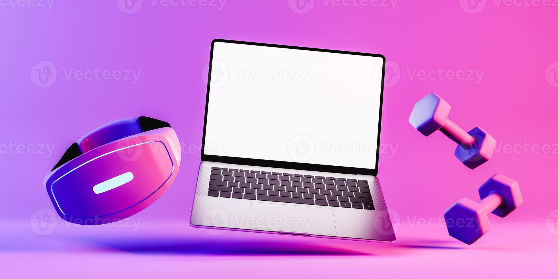 modell eines laptops, gymnastikelemente und einer virtuellen brille. 3D-Rendering foto