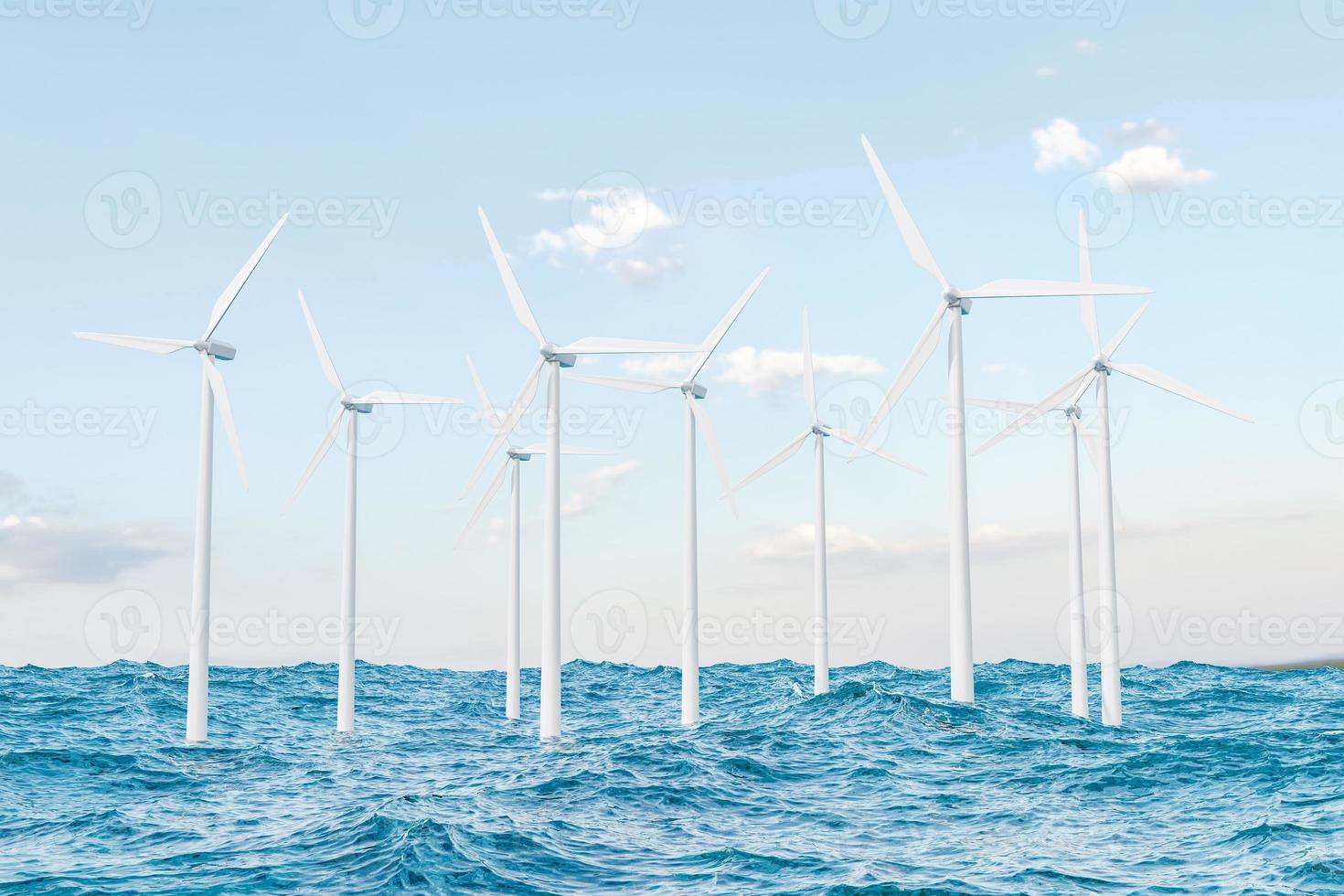 mehrere Windkraftanlagen im Meer. 3D-Rendering foto