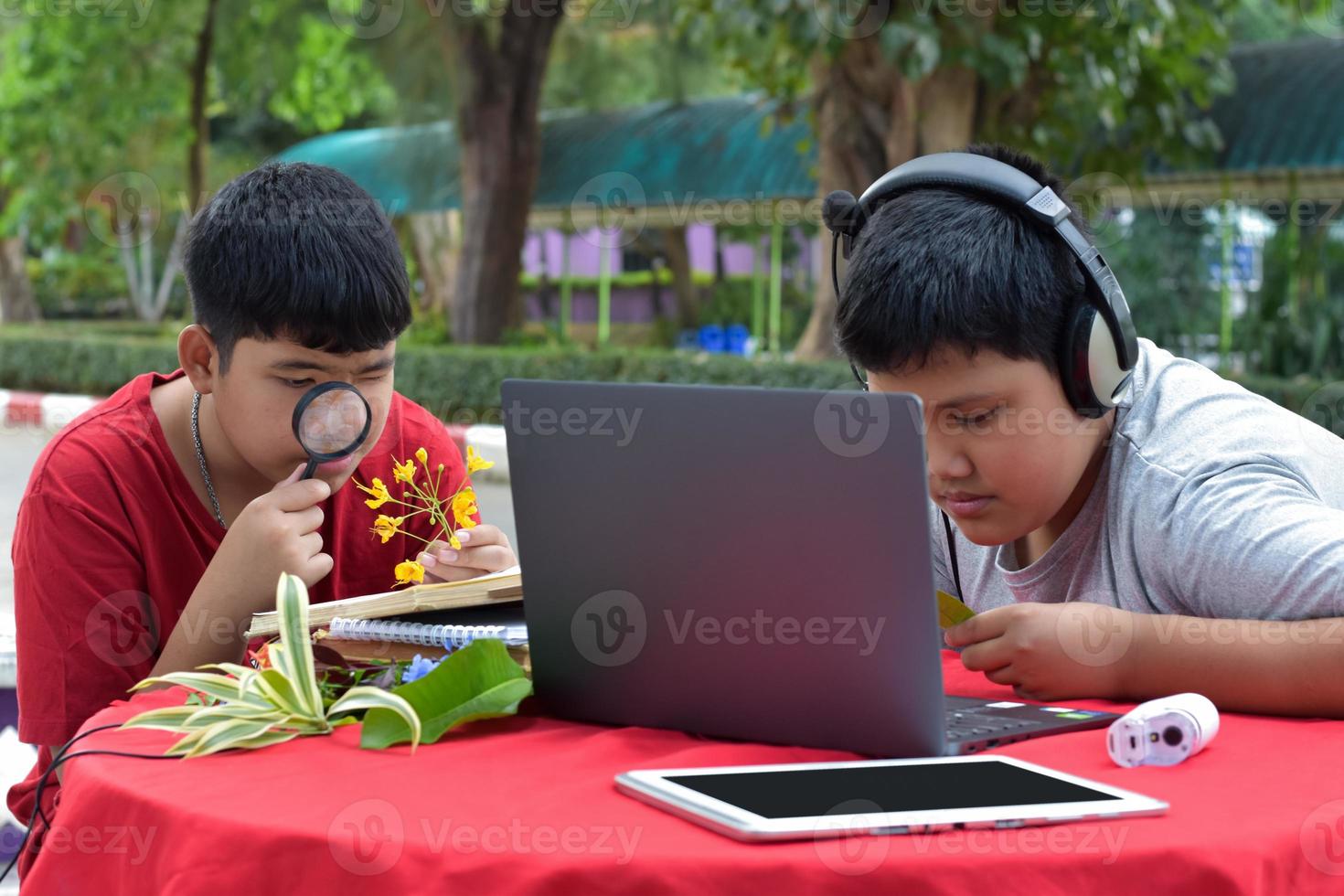 junge asiatische jungen, die hausaufgaben machen und die berichte über verschiedene arten tropischer wälder machen, indem sie laptops, lupen, notizbücher, taschenferngläser und tabletten verwenden, mockup-laptop-konzept. foto