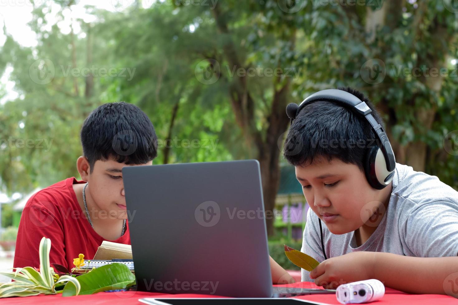 junge asiatische jungen, die hausaufgaben machen und die berichte über verschiedene arten tropischer wälder machen, indem sie laptops, lupen, notizbücher, taschenferngläser und tabletten verwenden, mockup-laptop-konzept. foto