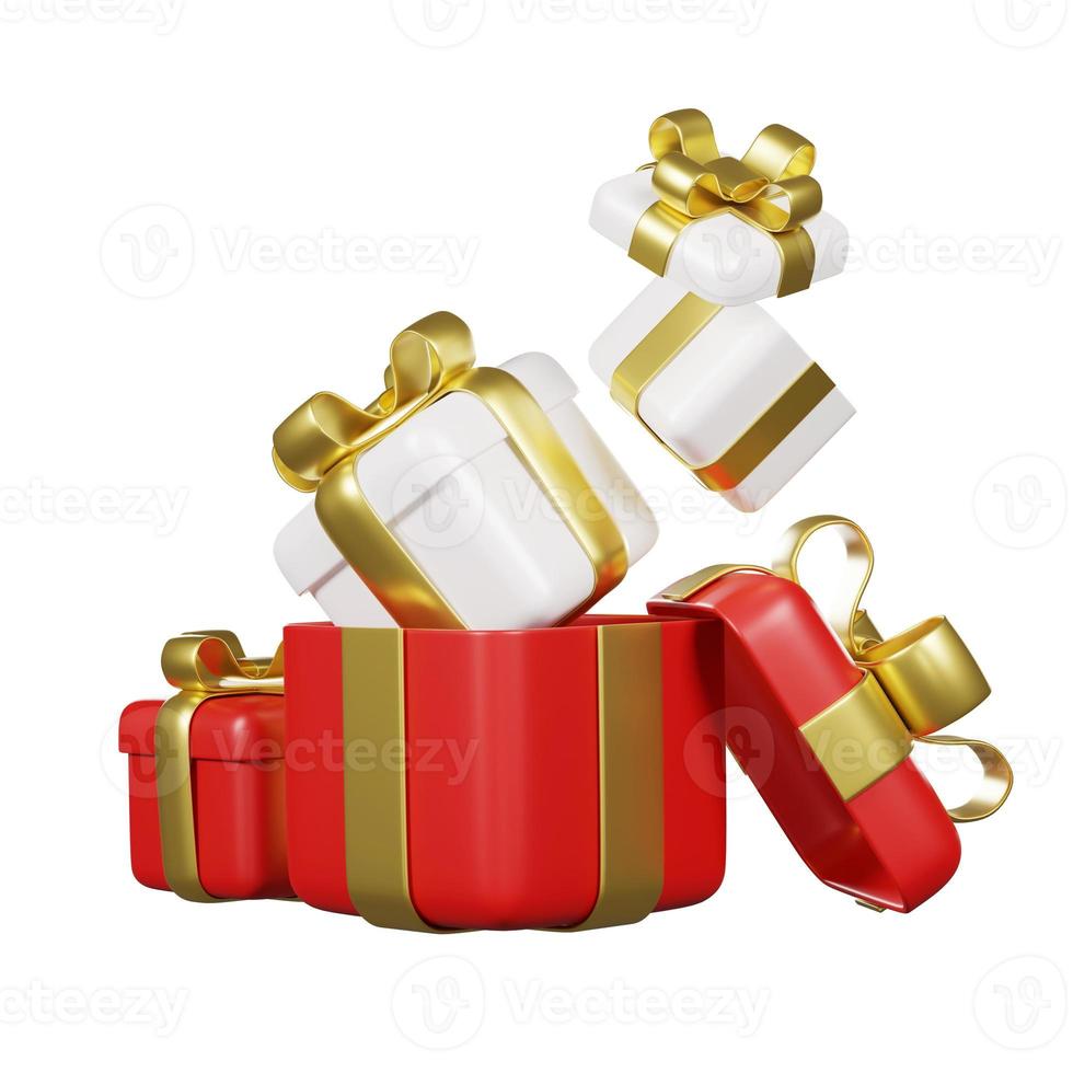 3D-Darstellung Frohe Weihnachten und guten Rutsch ins neue Jahr isoliert auf weißem Hintergrund. realistische Luxus-Geschenkboxen. offene geschenkbox voll mit weißer geschenkbox im inneren foto