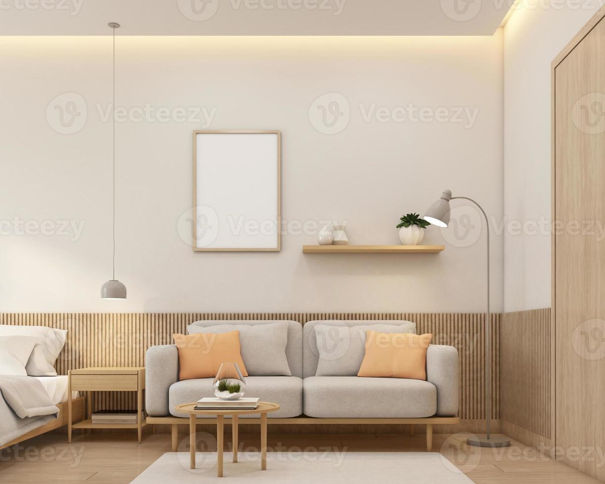 Wohnzimmer im minimalistischen Stil mit Sofa und Beistelltisch. 3D-Rendering foto