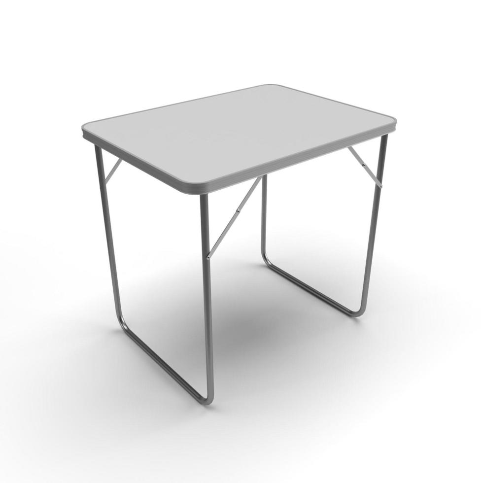 Trestle-Tisch, kleiner Trestle-Tisch aus Aluminium mit weißer Kunststoffplatte, 3D-Rendering für Mockup und Illustrationen auf weißem Hintergrund mit Schatten und ohne Reflexion. foto