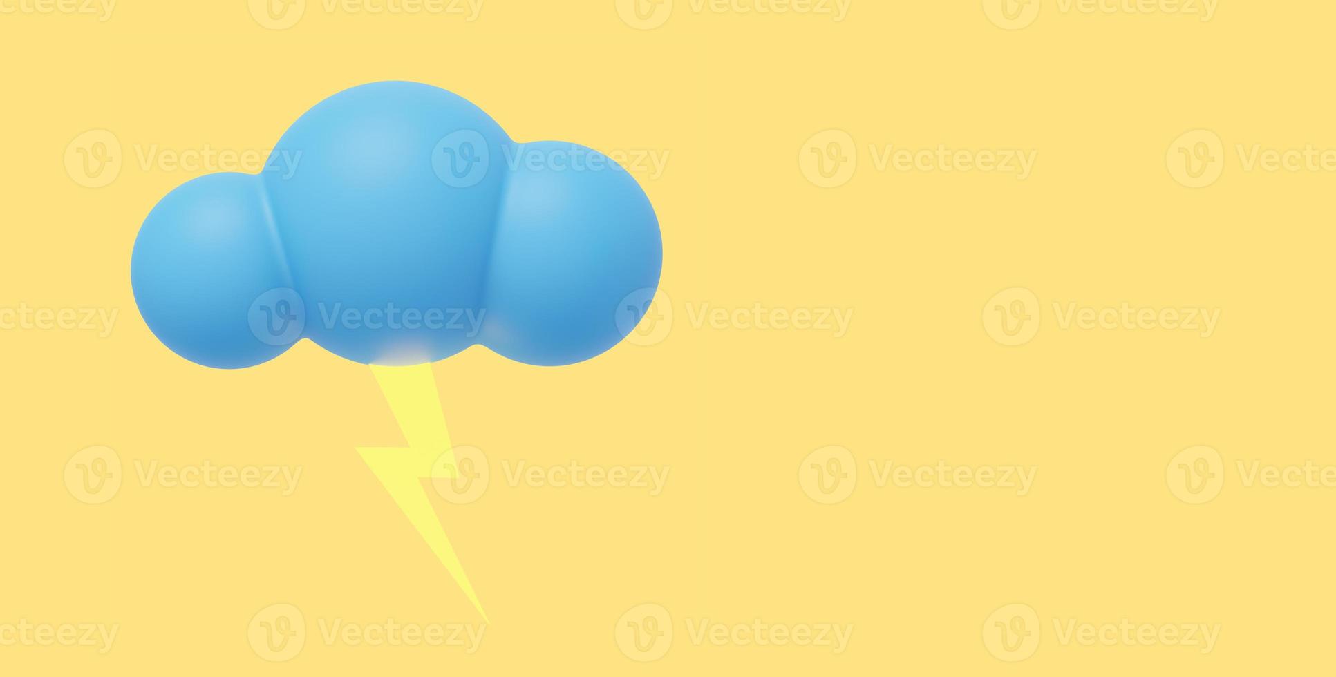 blaue Cartoon-Wolke mit Blitz. 3D-Rendering. Symbol auf gelbem Hintergrund, Platz für Text. foto