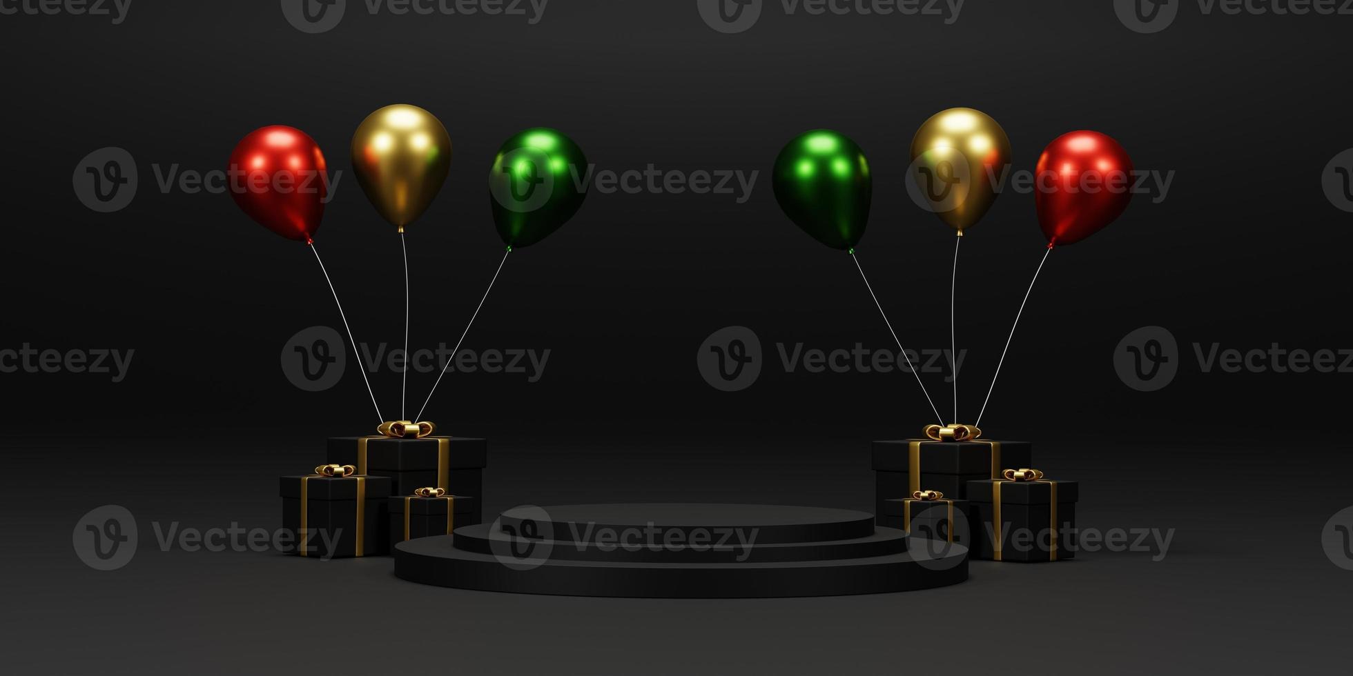 Hintergrund 3D-Rendering für Weihnachten und Neujahr mit goldenen und schwarzen Farben Hintergrund. geschenkbox mit ballon und kreispodium auf gold- und schwarzen farben. 3D-Darstellungshintergrund. foto
