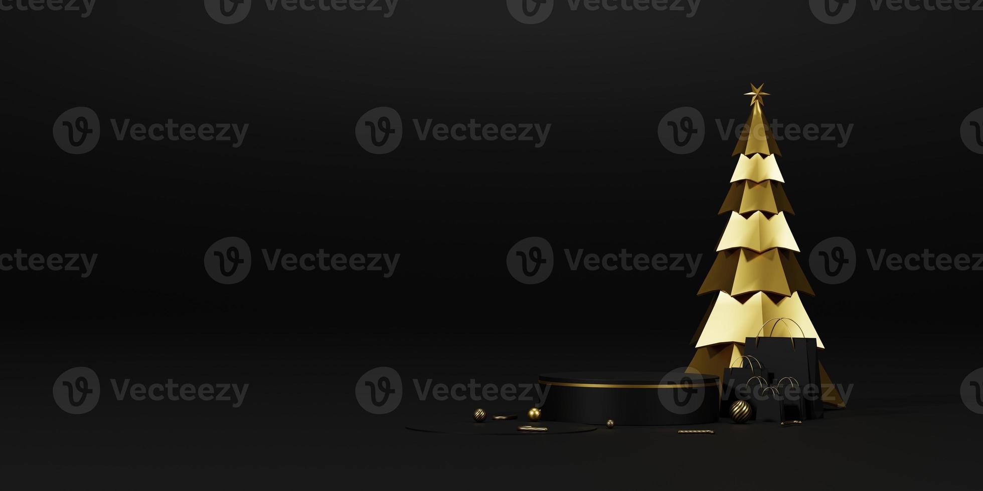 hintergrund 3d rendern weihnachten und neujahr farben gold und schwarz hintergrund. 3D-Design Weihnachten und Neujahr Luxus-Hintergrund. Konzept der frohen Weihnachten und des guten Rutsch ins neue Jahr. 3D-Darstellung foto
