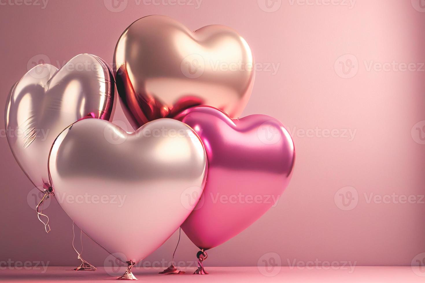 herzförmige Folienballons auf pastellrosa Hintergrund für Valentinstag, Hochzeit, Junggesellinnenabschied. foto