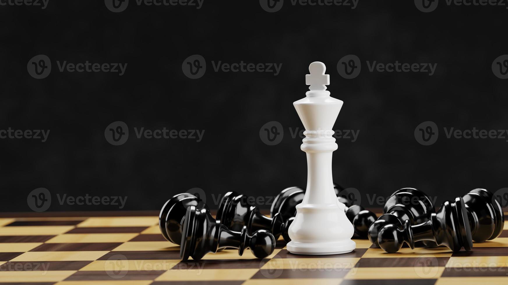 weißer Schachkönig zwischen liegenden schwarzen Bauern auf einem Schachbrett. 3D-Darstellung. foto
