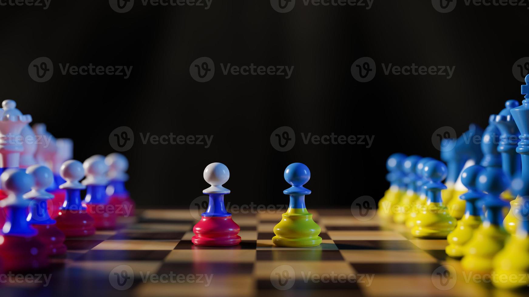 Russlands Aggression gegen die Ukraine. Schach in den Farben der Fahnen. 3D-Darstellung. foto