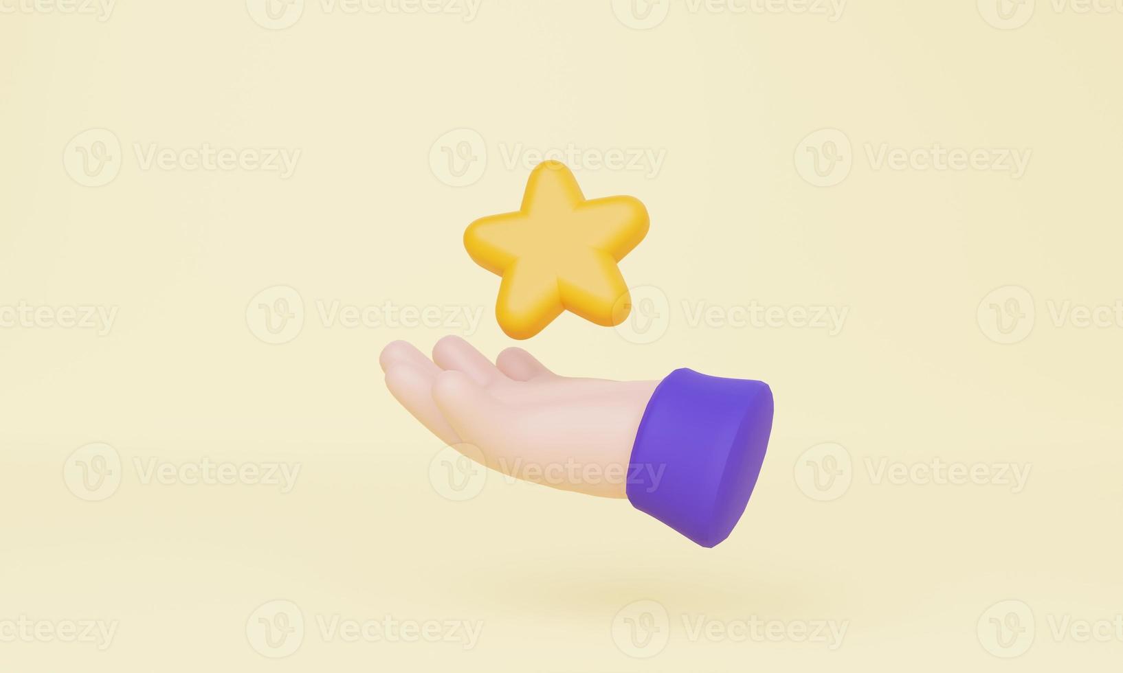 Hand, die Stern auf gelbem Pastellhintergrund hält. Schwebender Stern. 3D-Rendering foto