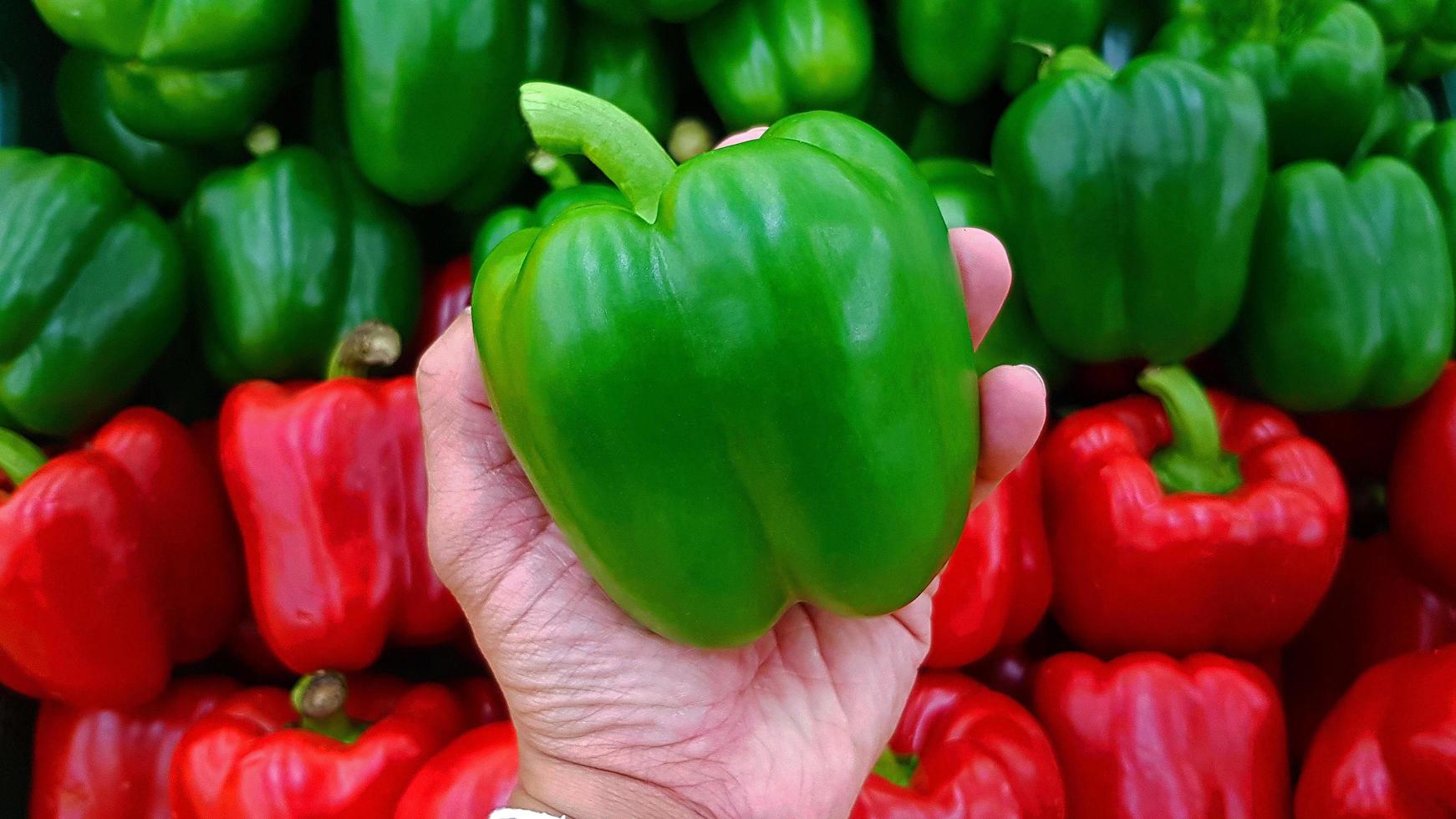 Nahaufnahme der Hand einer Person, die frische Paprika mit vielen bunten grünen und roten Paprika hält, unscharfer Hintergrund. auswahl und auswahl für den kauf der besten lebensmittel, gemüse oder obst auf dem markt oder im supermarkt. foto