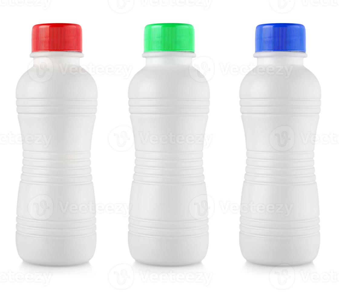 undurchsichtige weiße Plastikflaschen mit farbigem lidonweißem Hintergrund foto