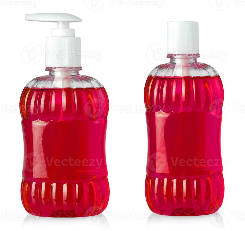 rote Duschgelflaschen isoliert auf weißem Hintergrund foto