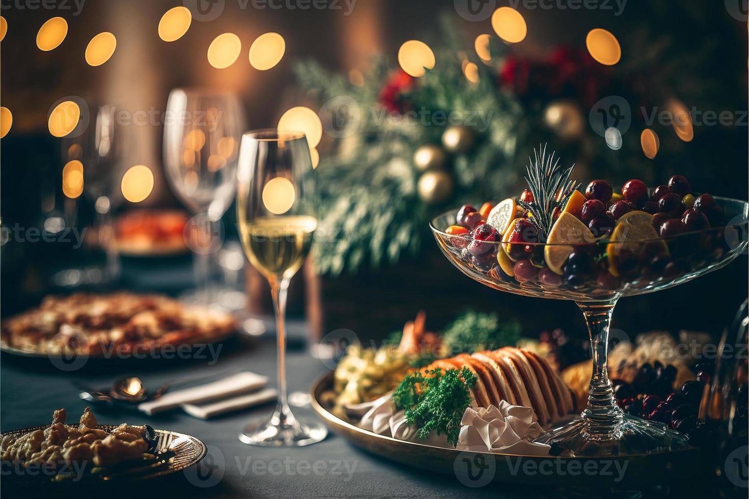 Serviertisch mit einer Vielzahl von köstlichen festlichen Speisen und Weinen, die für Eventpartys oder Hochzeiten zubereitet werden foto