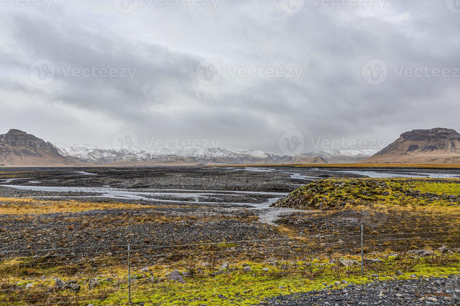 Panoramabild über eine imposante und menschenleere Landschaft in Südisland im Winter tagsüber foto
