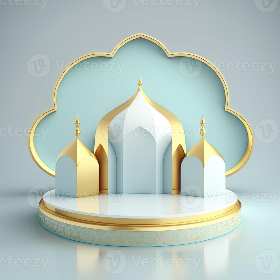 islamisches thema produktdisplay hintergrund in 3d-rendering-illustrationsdesign, moscheeportalrahmen mit podium oder bühne und leerraum. foto