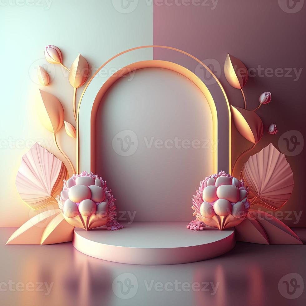 realistische 3d-illustration des podiums mit blumenverzierung für produktbanner foto