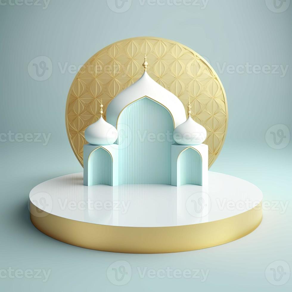 islamisches thema produktdisplay hintergrund in 3d-rendering-illustrationsdesign, moscheeportalrahmen mit podium oder bühne und leerraum. foto