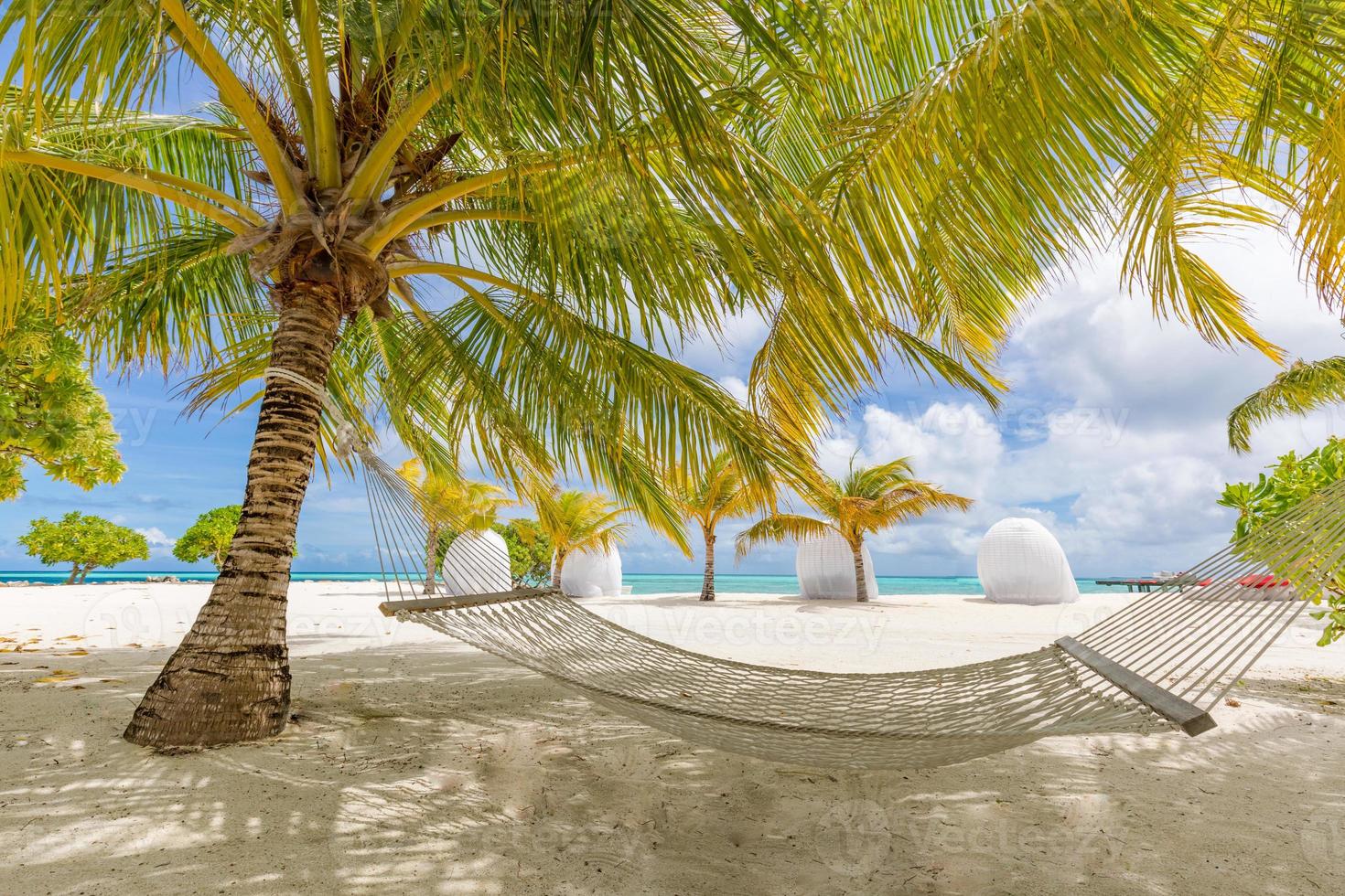 schöner tropischer maledivenstrand unter bewölktem himmel mit schaukeln auf kokospalme. luxusurlaubskonzept, romantische flitterwochen und getaway-banner. Kokosnussbaum, blauer Himmel, weiße Sandlandschaft, Meereslandschaft foto