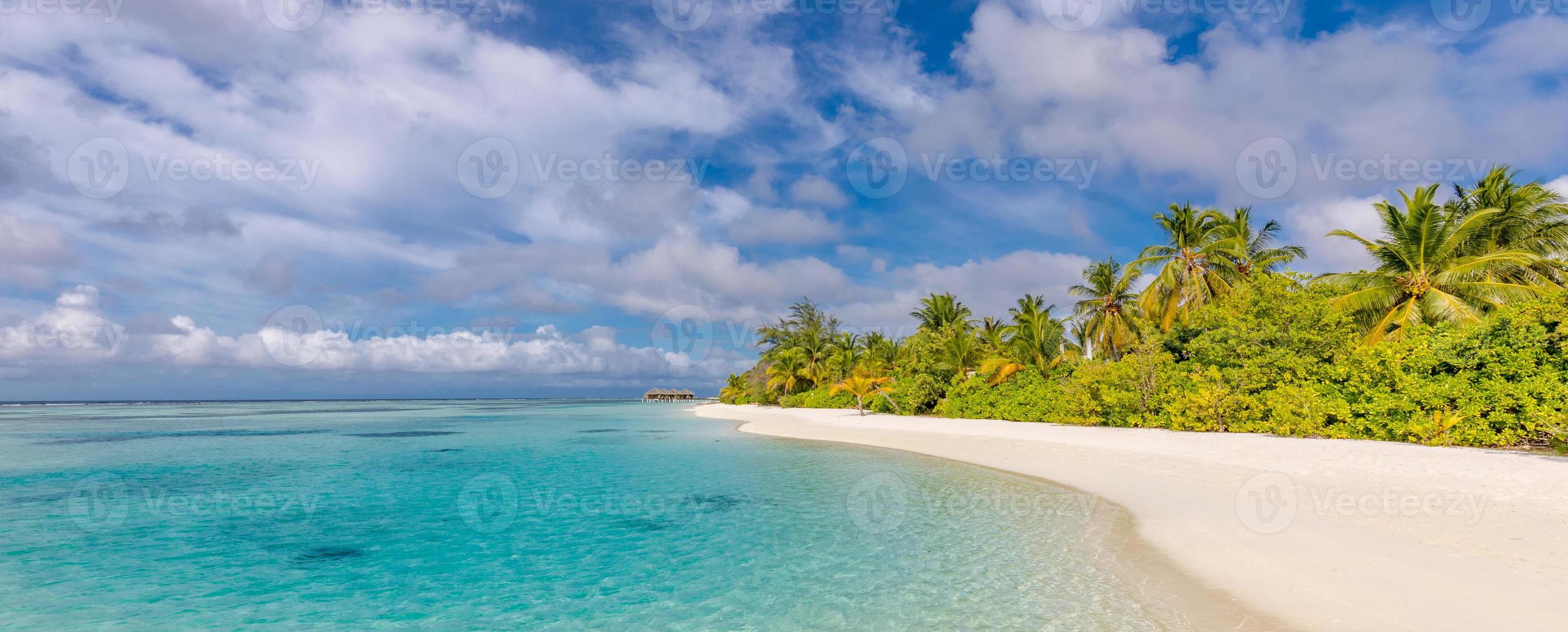 tropischer paradiesstrand mit weißem sand und kokospalmen reisen tourismus breites panorama hintergrundkonzept. schöne strandnatur, sommerferien und urlaubskonzept. Seesandhimmel, friedliche Naturansicht foto