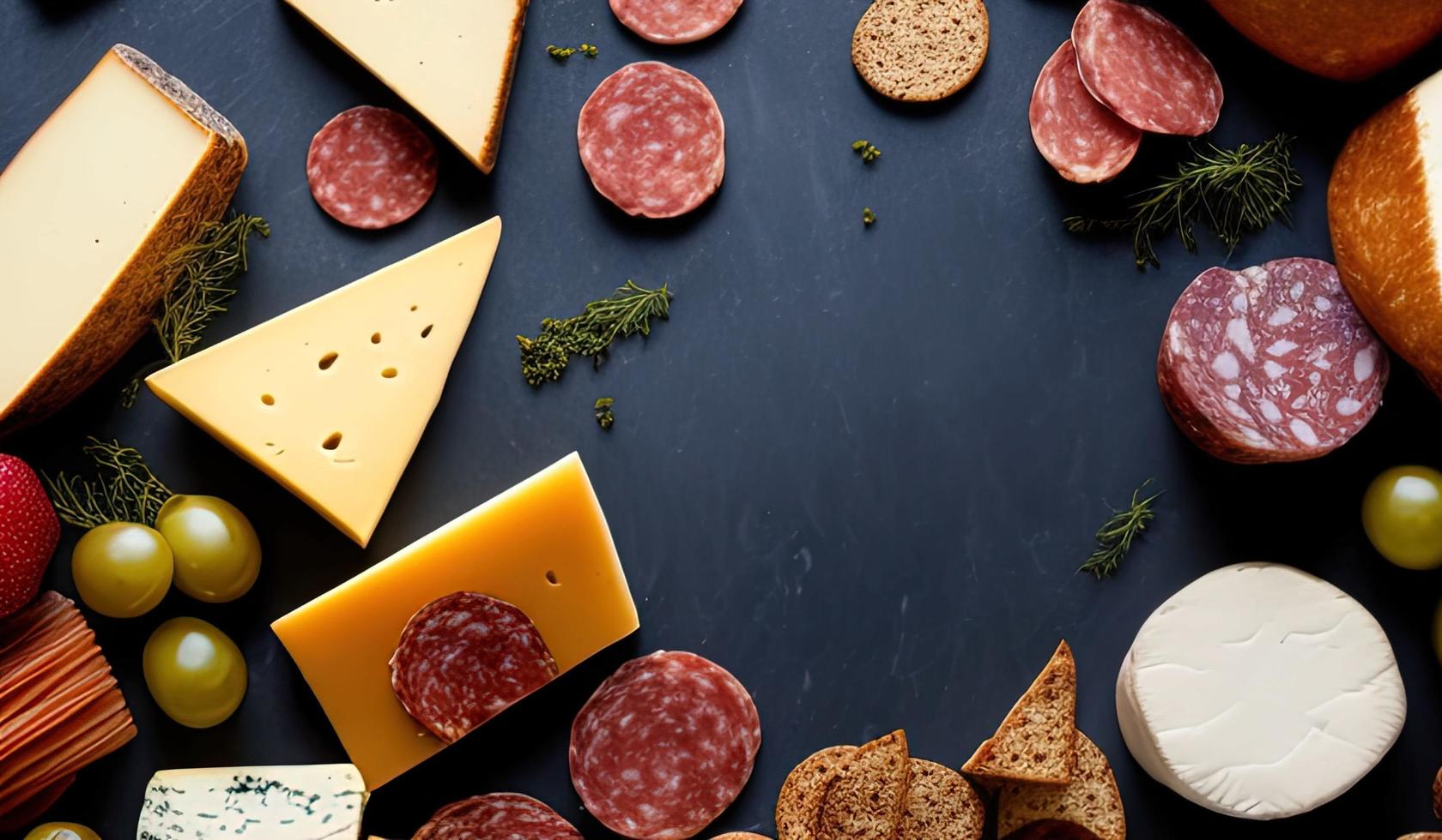 Professionelle Food-Fotografie Nahaufnahme einer Käse- und Wurstplatte, die auf einem Tisch sitzt foto