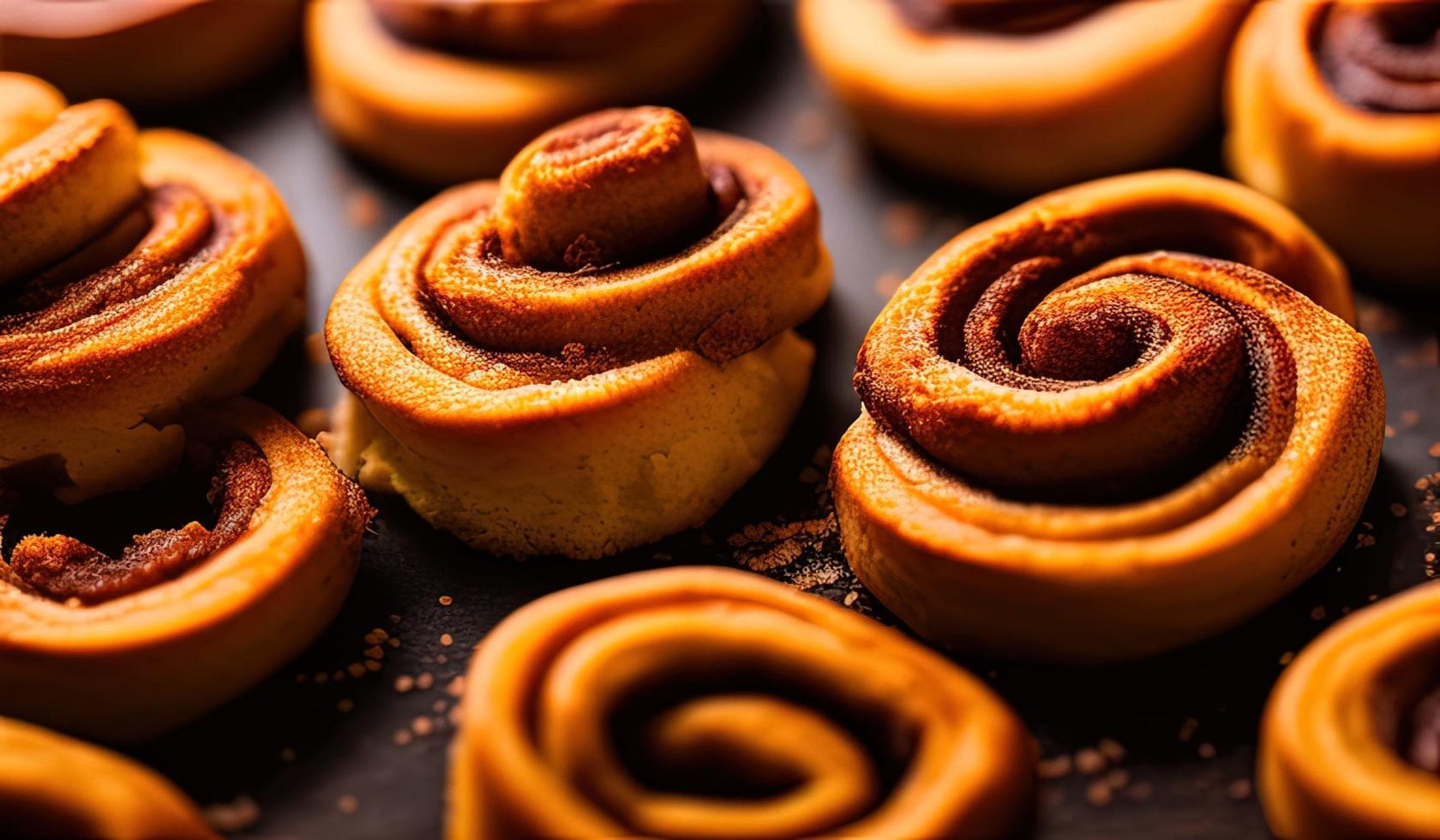 Werbung für professionelle Food-Fotografie Nahaufnahme eines Haufens Zimtschnecken, die mit Zucker bedeckt sind foto