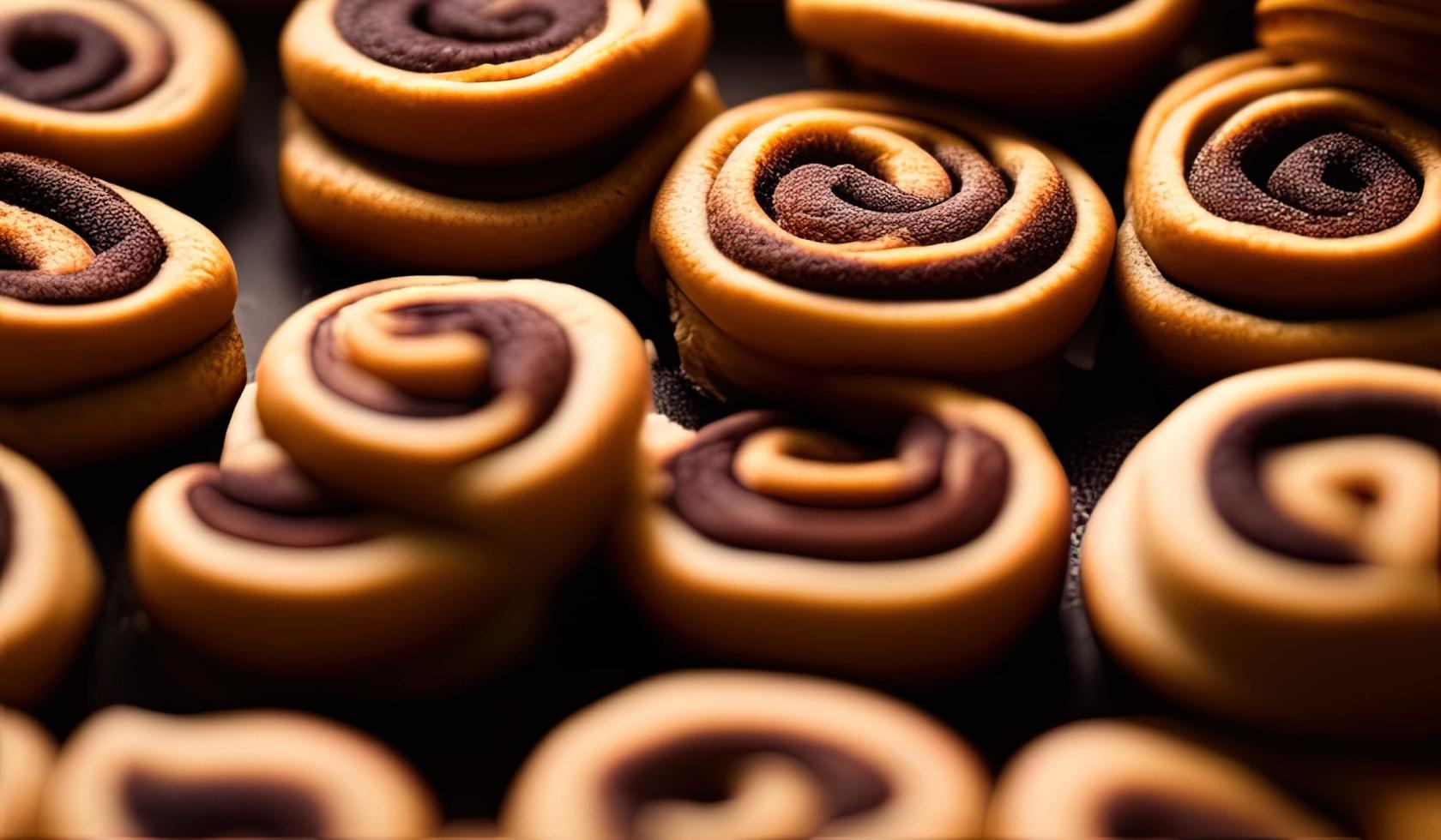 Werbung für professionelle Food-Fotografie Nahaufnahme eines Haufens Zimtschnecken, die mit Zucker bedeckt sind foto