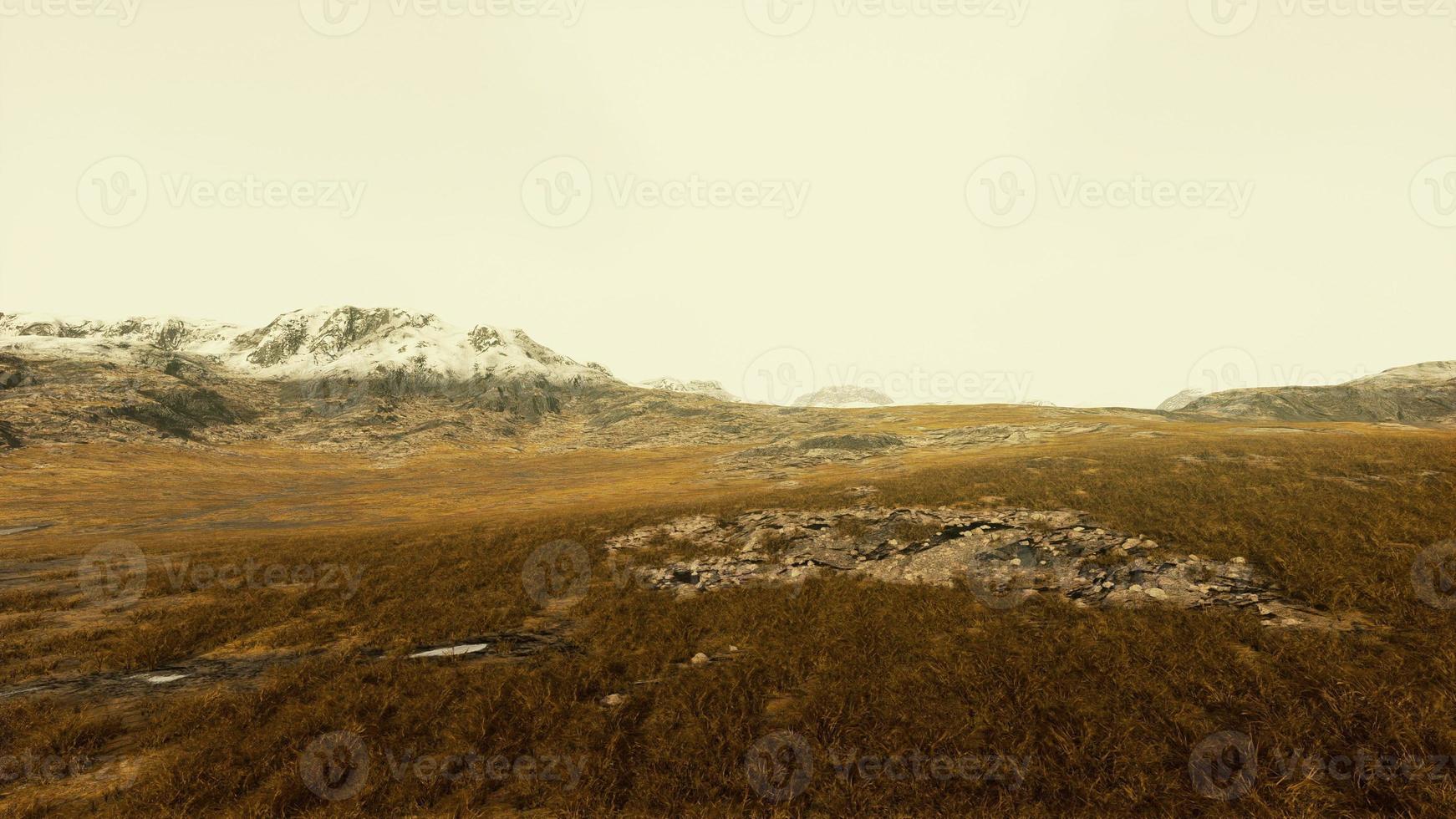 Ebene mit getrocknetem Gras und Berggipfeln im Hintergrund foto