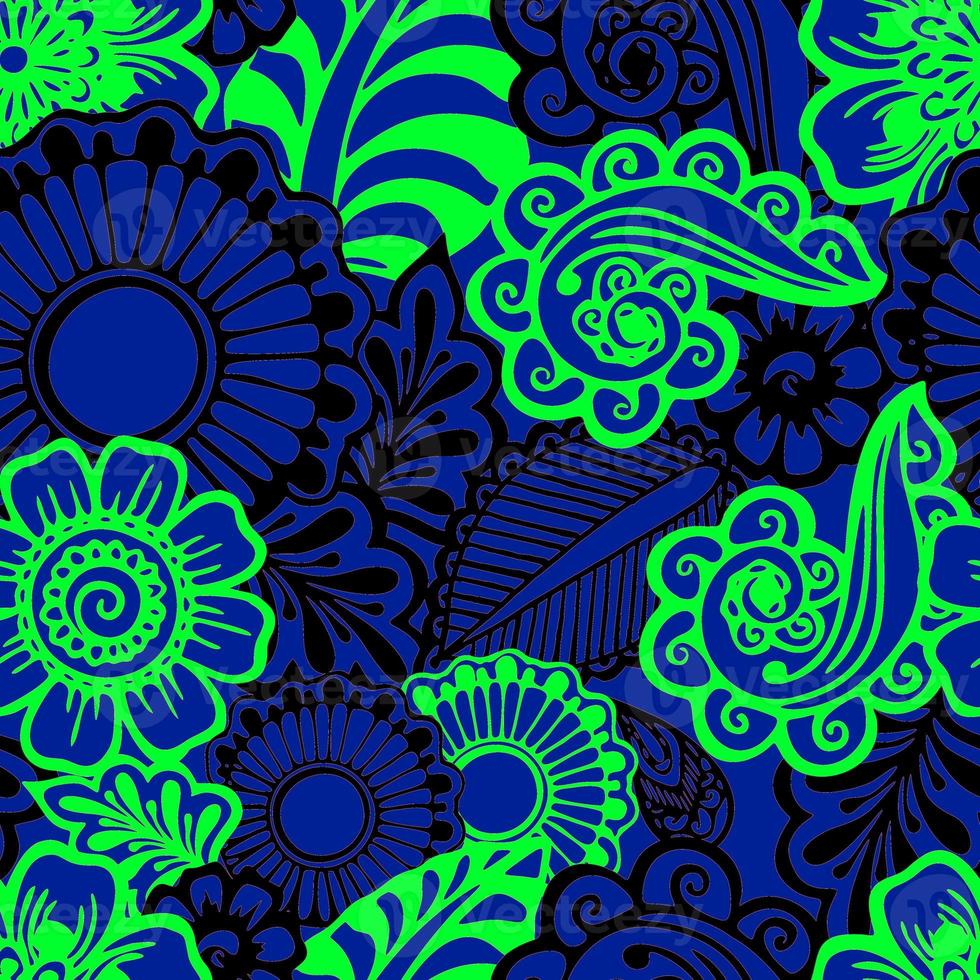Nahtloses grafisches Blumenmuster aus schwarzen und grünen Elementen auf blauem Hintergrund, Textur, Design foto