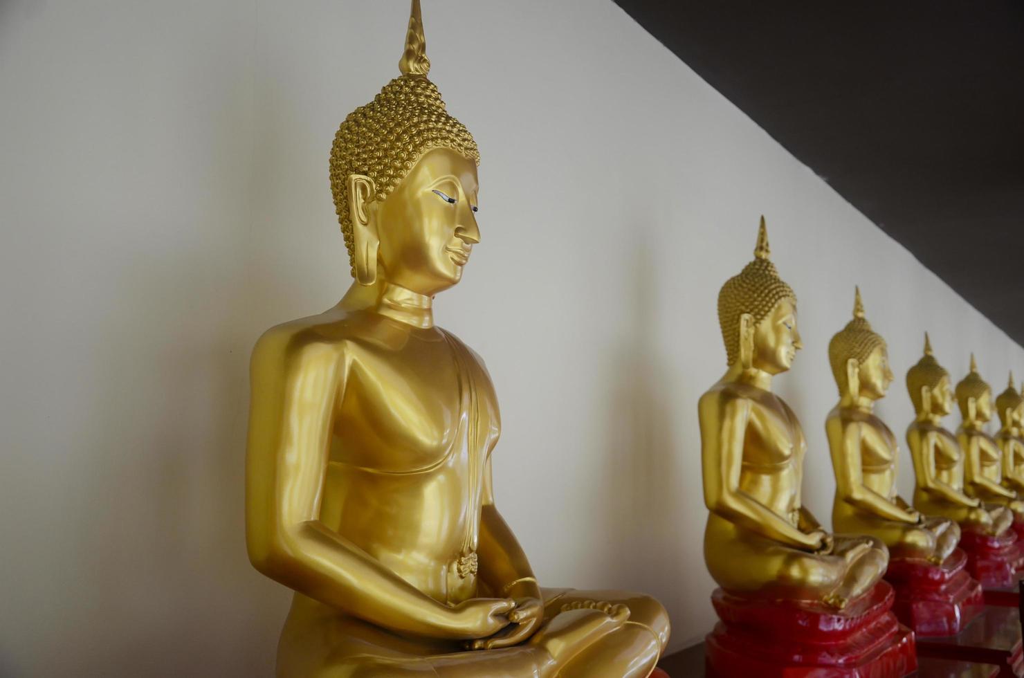 goldene buddha-figuren aufgereiht im wat sothon wararam worawihan, provinz chachoengsao foto