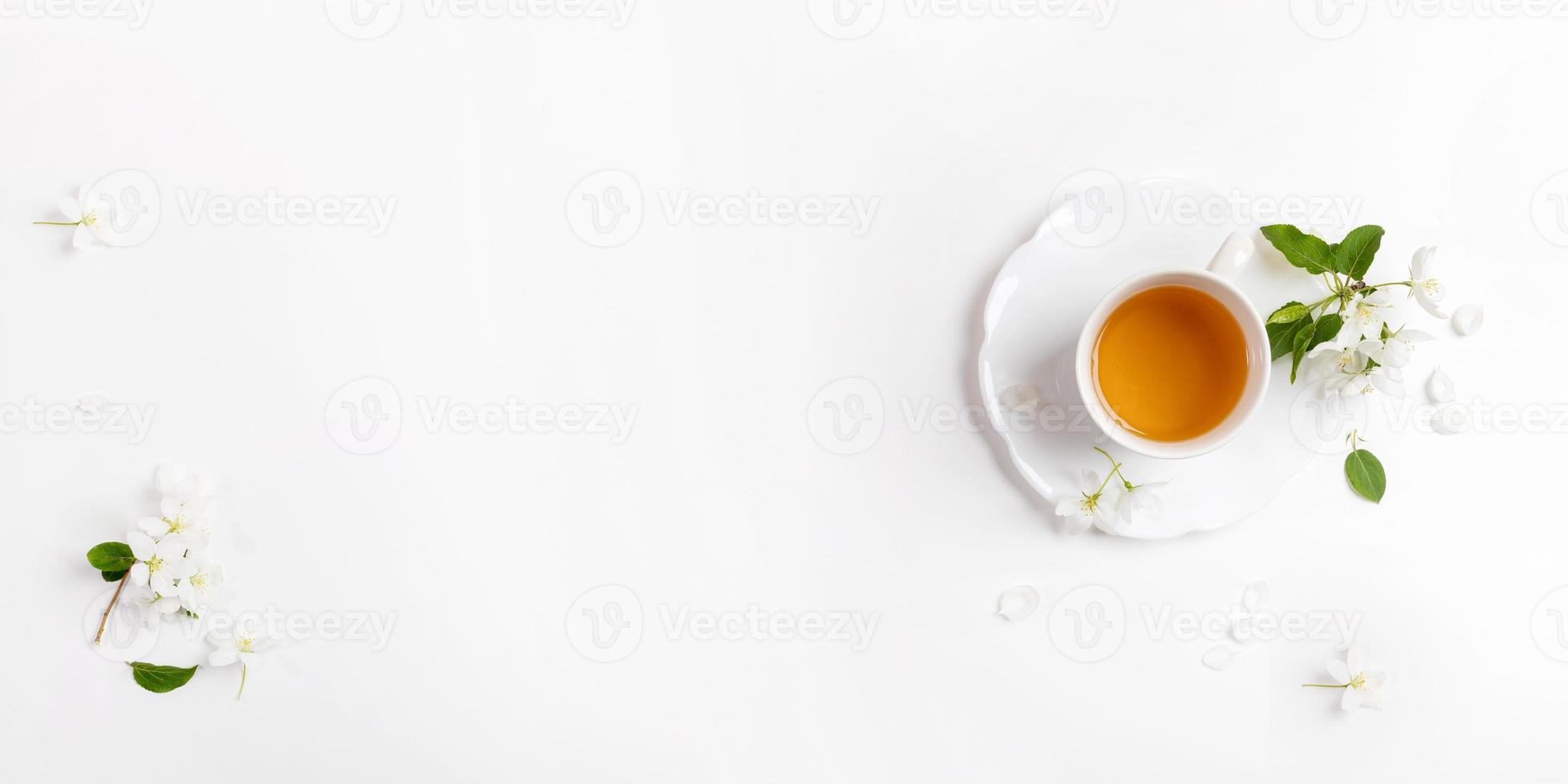 frühlingsbanner mit tasse grünem tee und apfelbaumblumen auf weiß. Ansicht von oben. foto